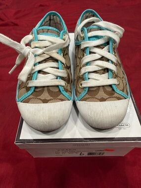 Coach Kids Brown Signature Sneakers with Turquoise Trim